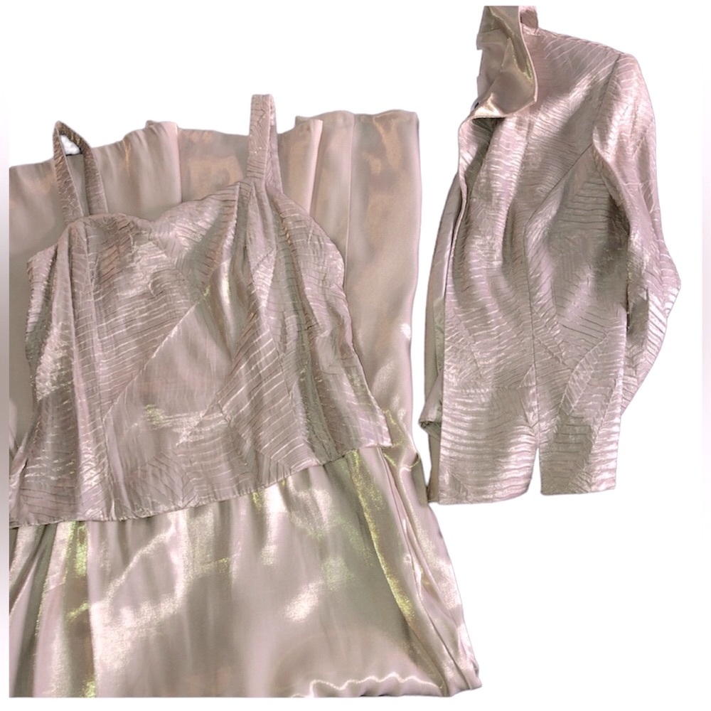 Women’s 8P |Alex Evening| 2 PC Set Golden Champagne Floor Length Dress & Blazer